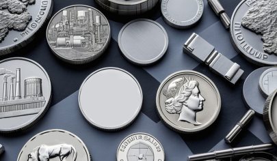 سکه‌های پالادیوم، رودیوم و ایریدیوم که نمایانگر فلزات گروه پلاتین مورد استفاده در صنعت هستند.