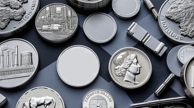 سکه‌های پالادیوم، رودیوم و ایریدیوم که نمایانگر فلزات گروه پلاتین مورد استفاده در صنعت هستند.