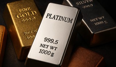 شمش پلاتین در کنار شمش‌های طلا و نقره با پس‌زمینه تیره و صنعتی، نماد ارزش و کمیابی فلزات نجیب